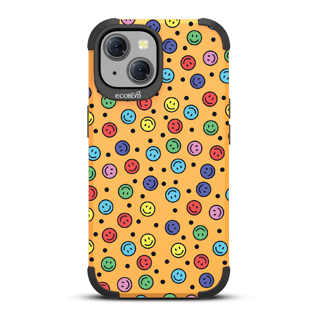 All Smiles - Multi Colored Smiley Faces & Black Dots - Yellow Eco-Friendly Rugged iPhone 15 MagSafe Case 