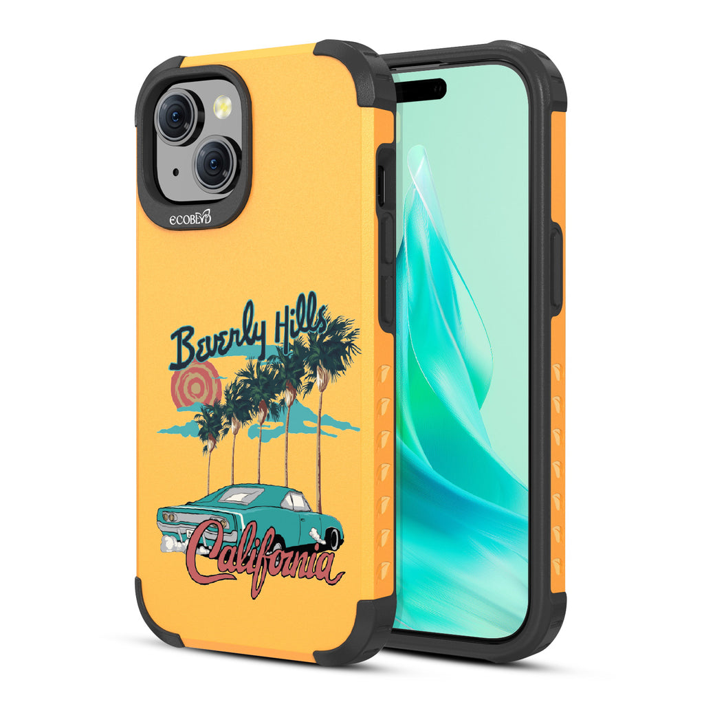 Front and back view of iPhone 15 case, rugged compostable phone case in yellow, 90210 design
