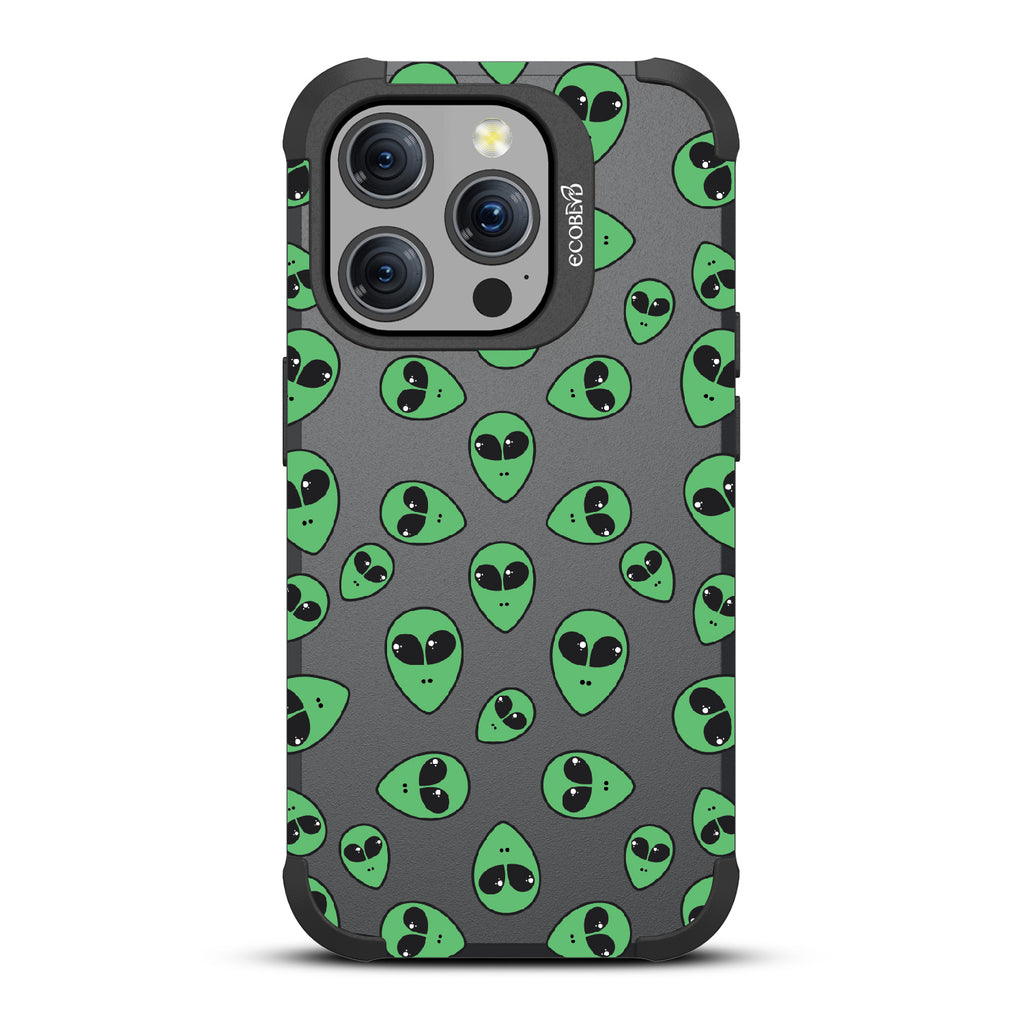 Aliens - Green Cartoon Alien Heads - Black Eco-Friendly Rugged iPhone 15 Pro MagSafe Case