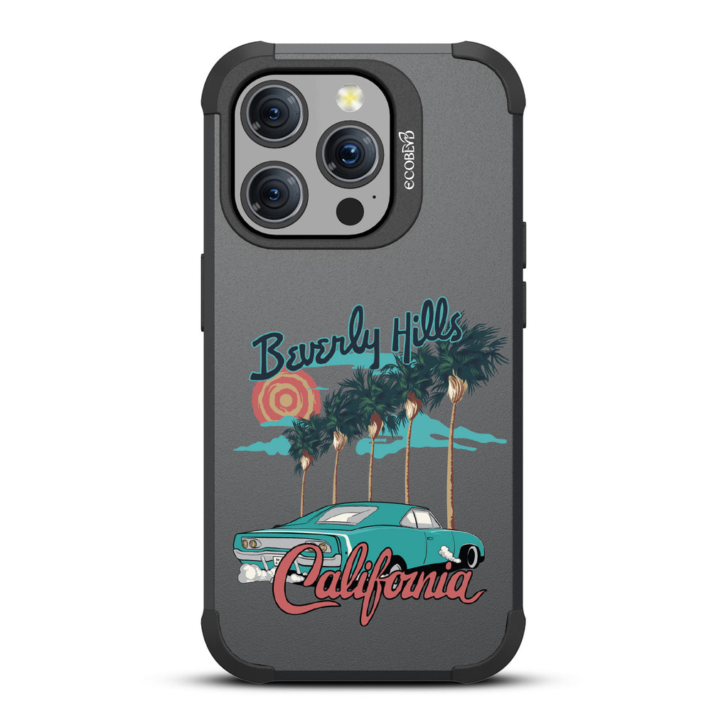 iPhone 15 Pro case, rugged compostable phone case in black, back view, 90210 design