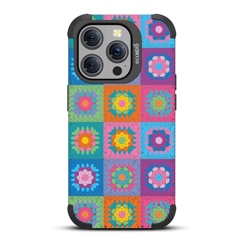 All Squared Away - Pastel Vintage Granny Squares Crochet - Black Eco-Friendly Rugged iPhone 15 Pro MagSafe Case