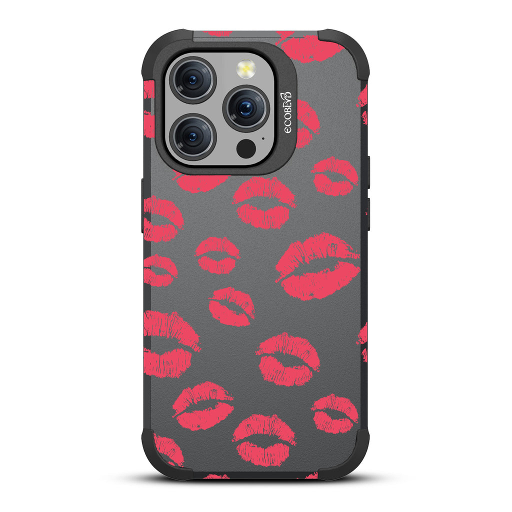 Bisou - Red Lipstick Kisses - Black Eco-Friendly Rugged iPhone 15 Pro MagSafe Case