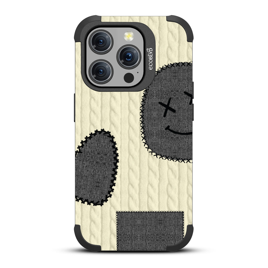 All Patched Up - Cable Knit With Patches of Heart + Happy Face - Black Eco-Friendly Rugged iPhone 15 Pro MagSafe Case  