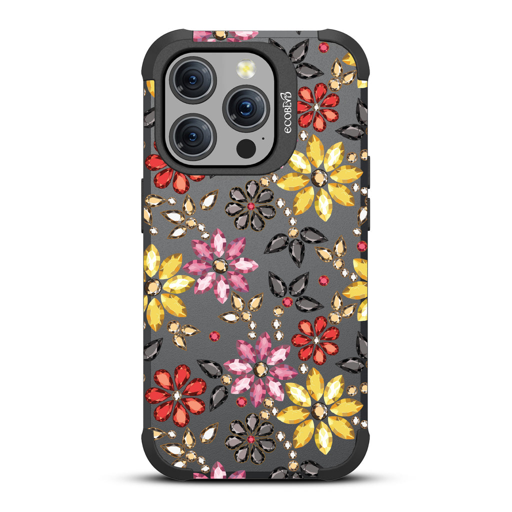 Bejeweled - Rhinestone Jewels In Floral Patterns - Black Eco-Friendly Rugged iPhone 15 Pro MagSafe Case 