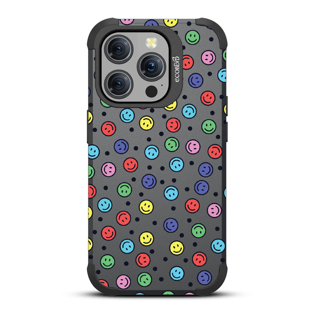 All Smiles - Multi Colored Smiley Faces & Black Dots - Black Eco-Friendly Rugged iPhone 15 Pro MagSafe Case 