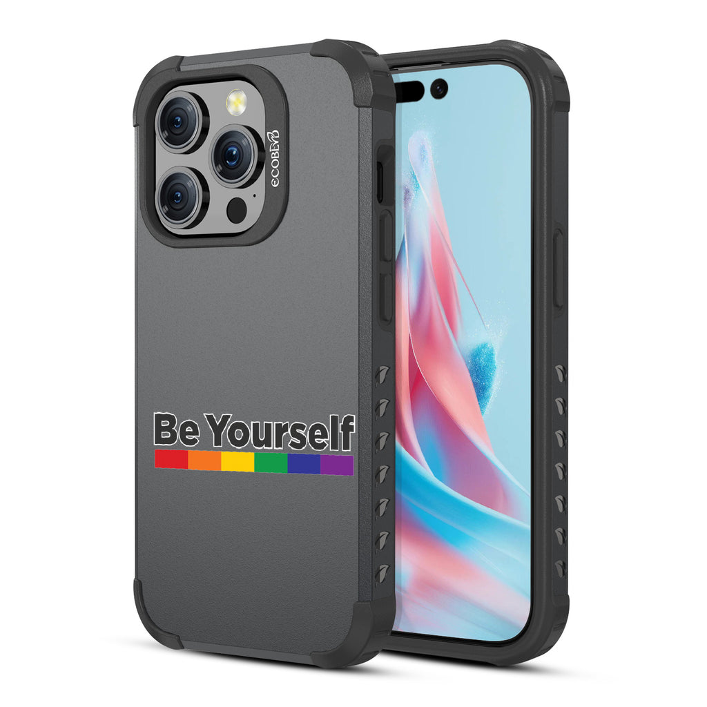 Be Yourself - Back View Of Black Eco-Friendly iPhone 15 Pro Rugged MagSafe Case & Front View Of Screen