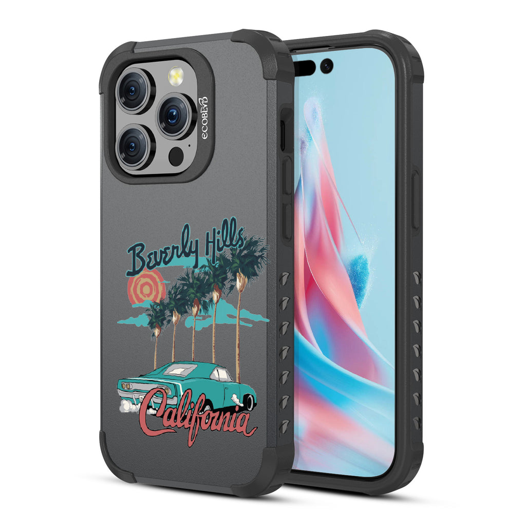 Front and back view of iPhone 15 Pro case, rugged compostable phone case in black, 90210 design