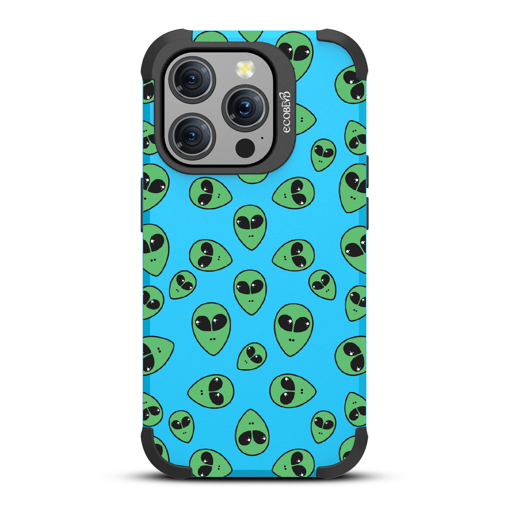 Aliens - Green Cartoon Alien Heads - Blue Eco-Friendly Rugged iPhone 15 Pro MagSafe Case