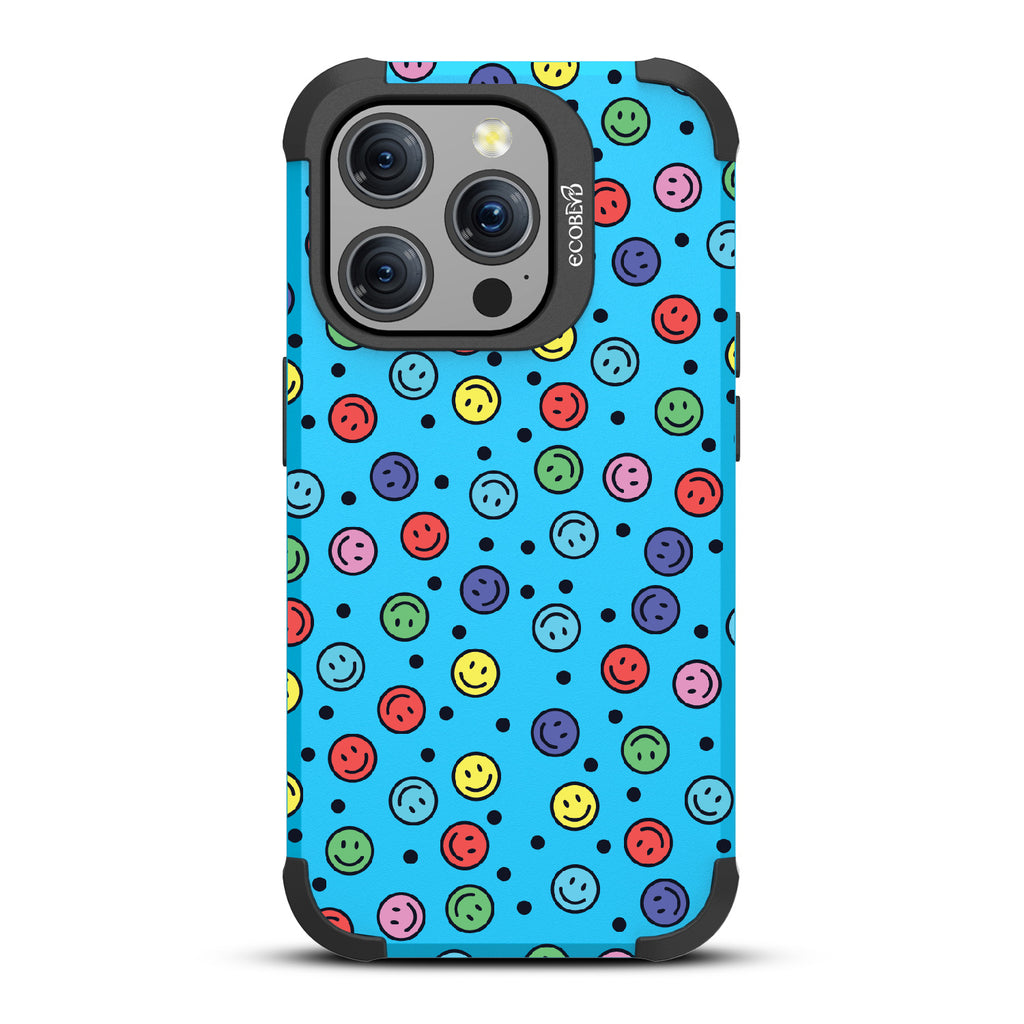 All Smiles - Multi Colored Smiley Faces & Black Dots - Blue Eco-Friendly Rugged iPhone 15 Pro MagSafe Case 