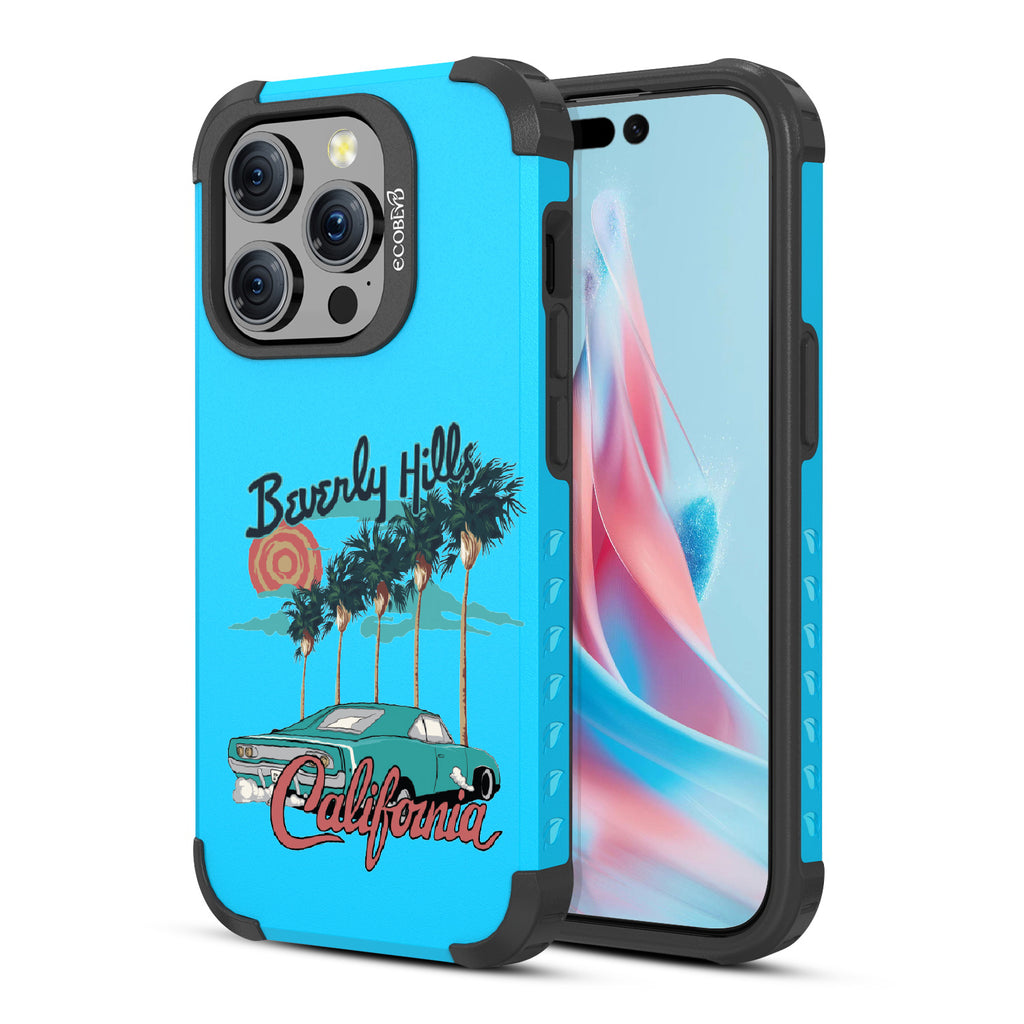 Front and back view of iPhone 15 Pro case, rugged compostable phone case in blue, 90210 design
