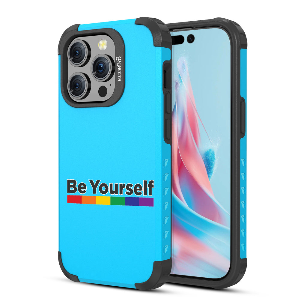 Be Yourself - Back View Of Blue Eco-Friendly iPhone 15 Pro Rugged MagSafe Case & Front View Of Screen