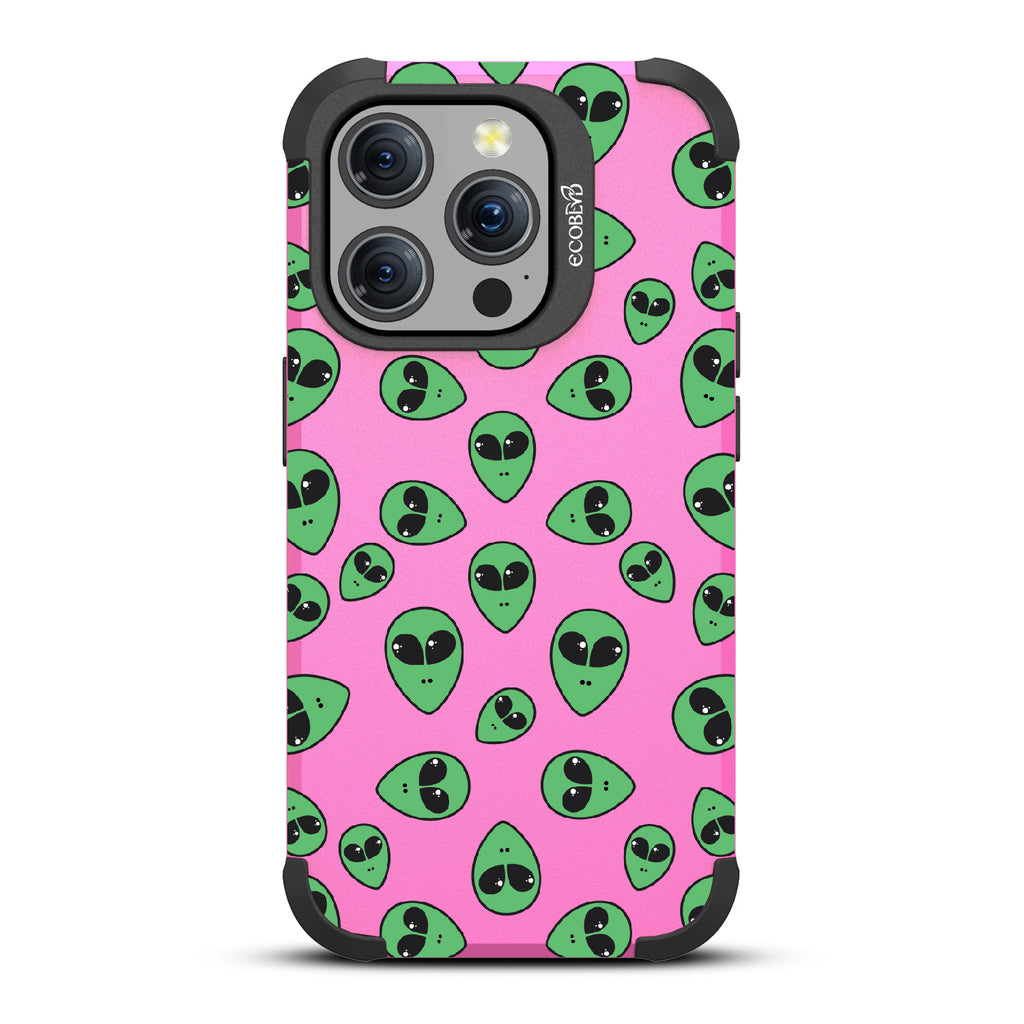 Aliens - Green Cartoon Alien Heads - Pink Eco-Friendly Rugged iPhone 15 Pro MagSafe Case