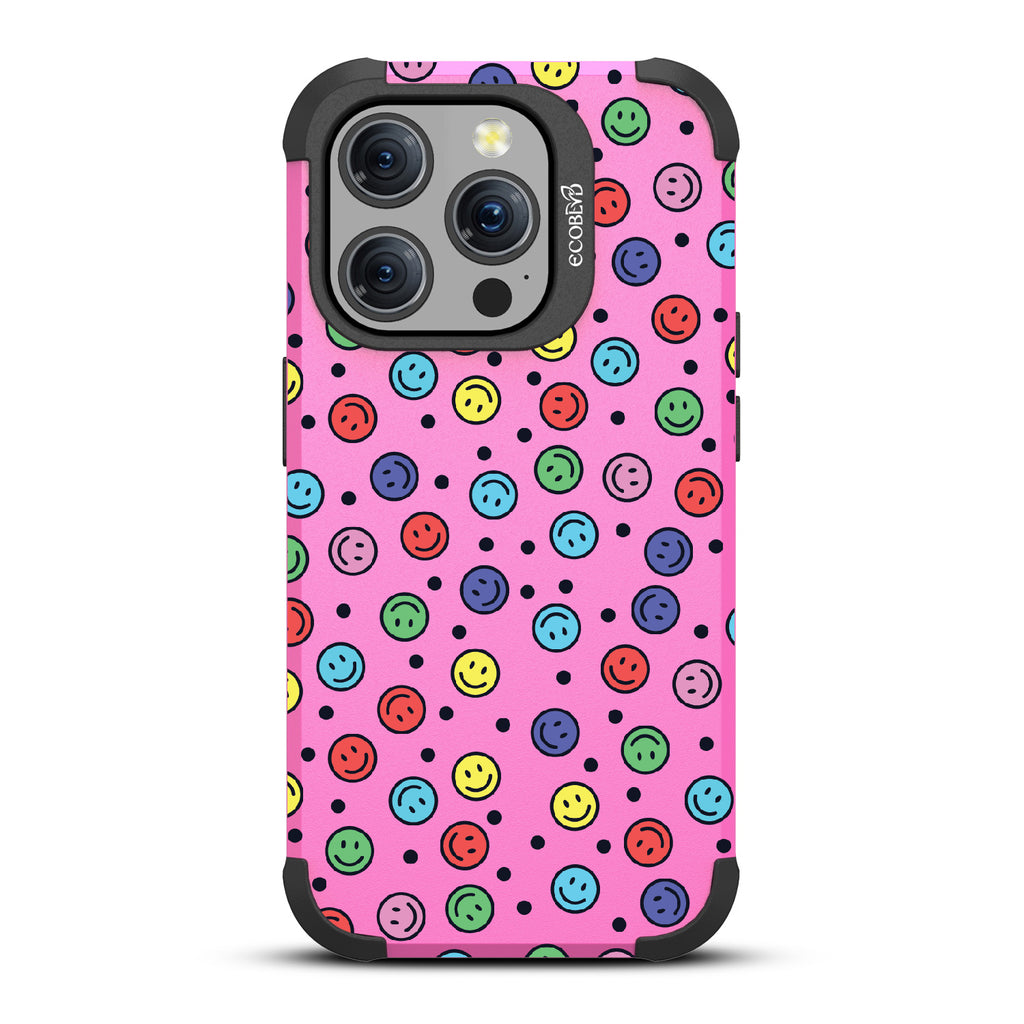 All Smiles - Multi Colored Smiley Faces & Black Dots - Pink Eco-Friendly Rugged iPhone 15 Pro MagSafe Case