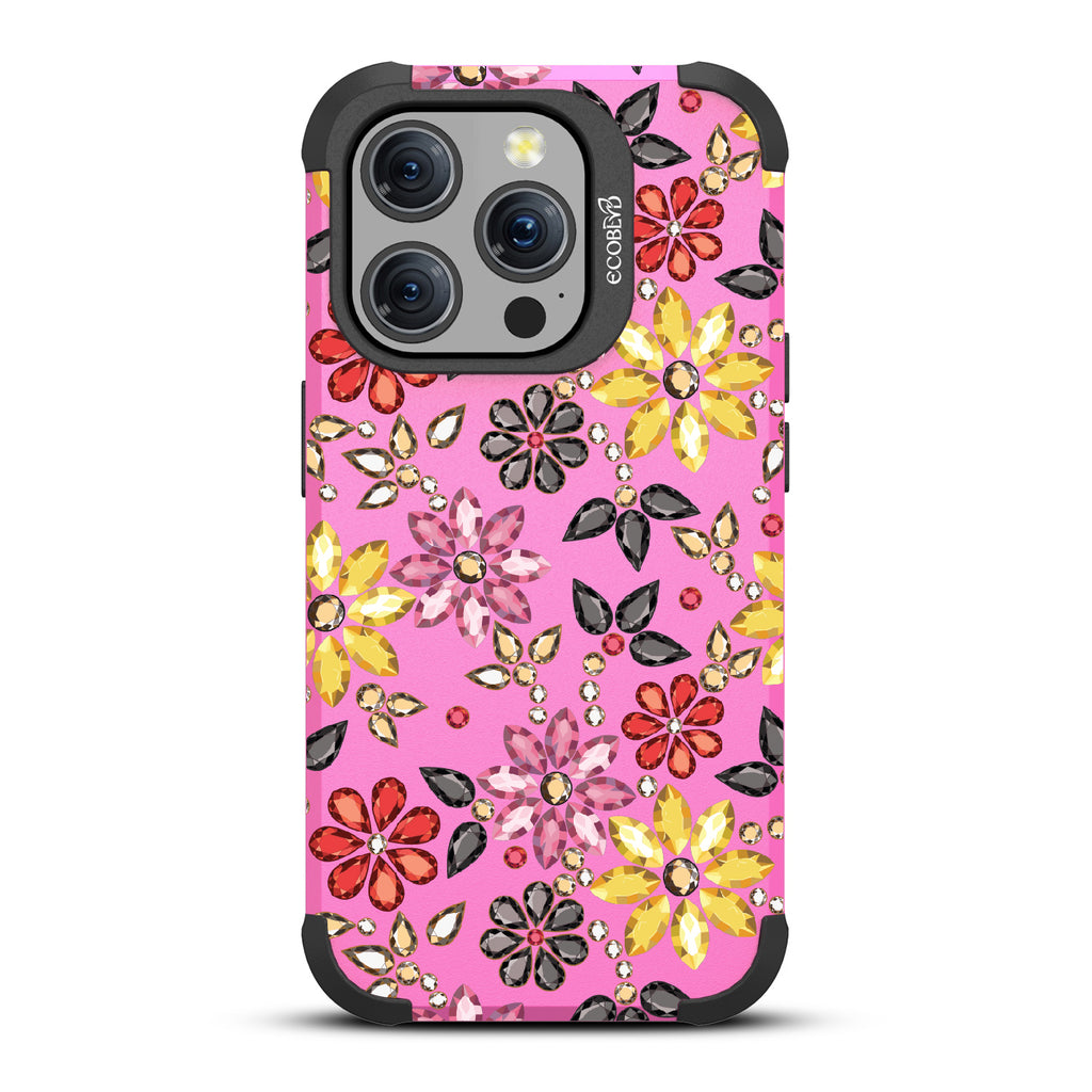 Bejeweled - Rhinestone Jewels In Floral Patterns - Pink Eco-Friendly Rugged iPhone 15 Pro MagSafe Case