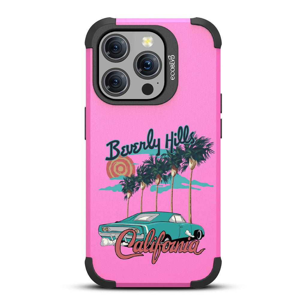 iPhone 15 Pro case, rugged compostable phone case in pink, back view, 90210 design