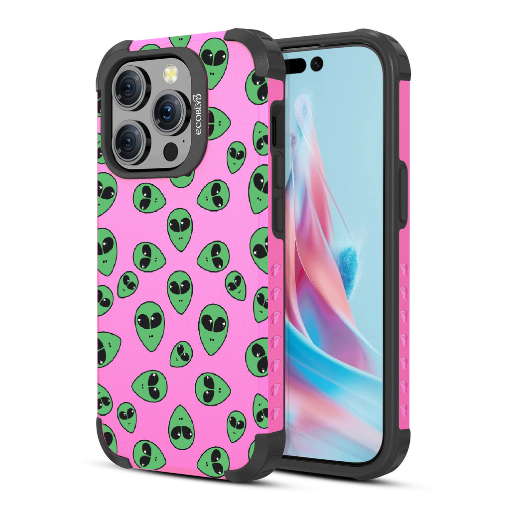 Aliens  - Back View Of Pink Eco-Friendly iPhone 15 Pro Rugged MagSafe Case & Front View Of Screen