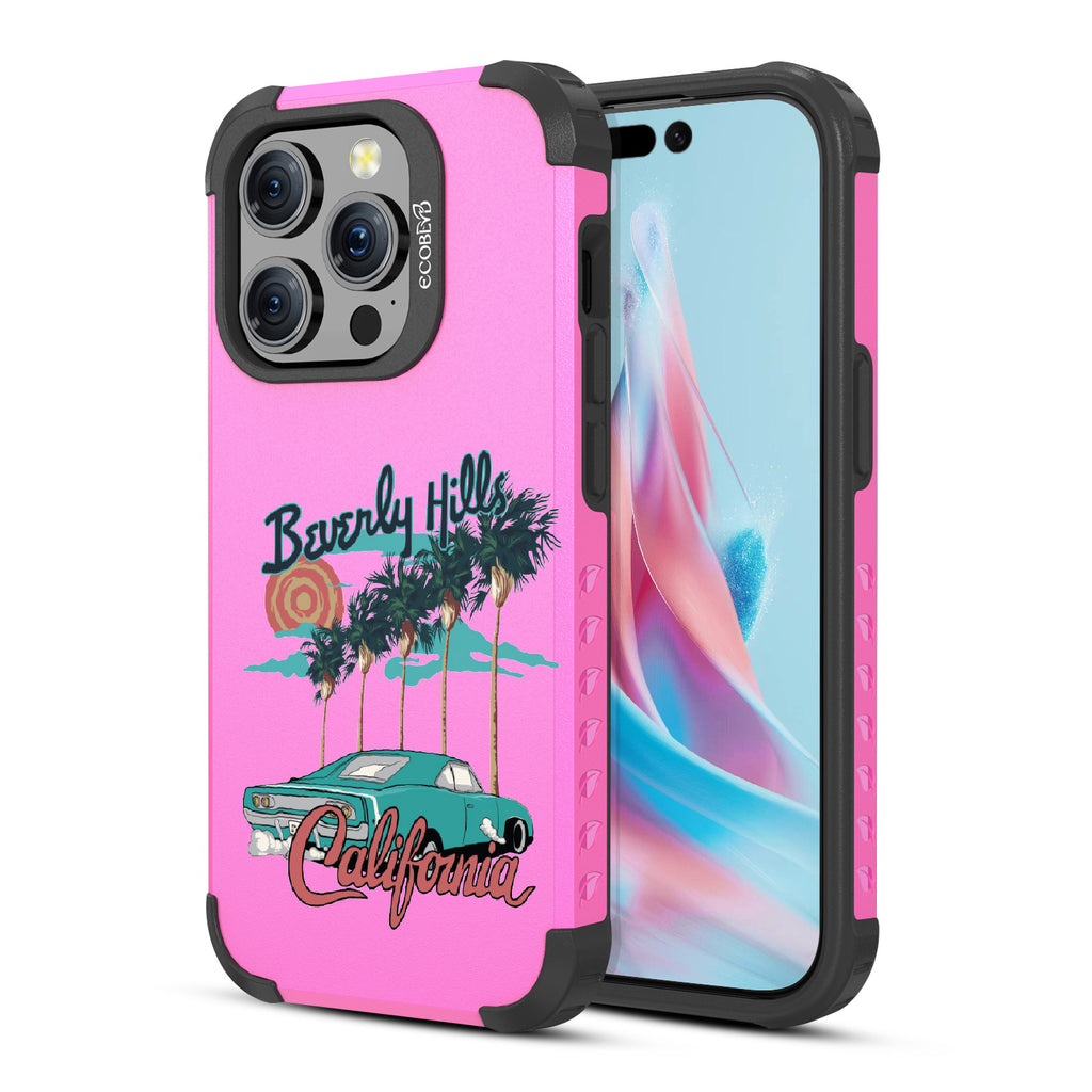 Front and back view of iPhone 15 Pro case, rugged compostable phone case in pink, 90210 design