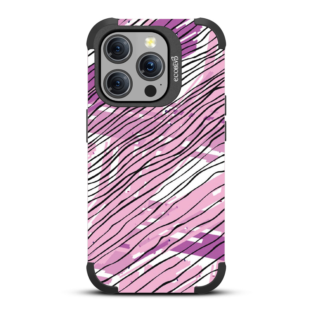 Abstract Rhythms - Abstract Art Of Pink + Purple Paint, Black Stripes - Pastel Lilac Eco-Friendly Rugged iPhone 15 Pro MagSafe Case