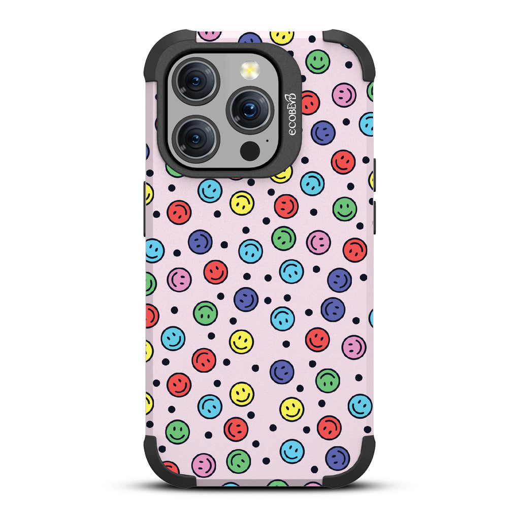 All Smiles - Multi Colored Smiley Faces & Black Dots - Pastel Lilac Eco-Friendly Rugged iPhone 15 Pro MagSafe Case 