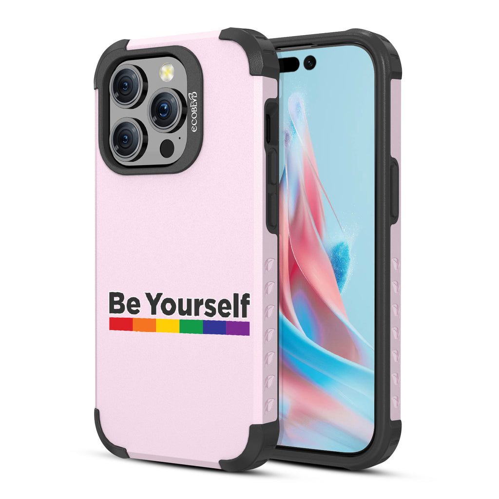 Be Yourself - Back View Of Pastel Lilac Eco-Friendly iPhone 15 Pro Rugged MagSafe Case & Front View Of Screen