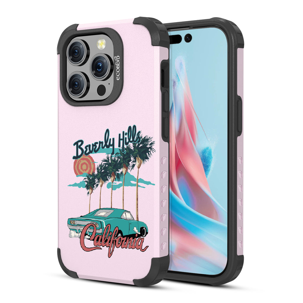 Front and back view of iPhone 15 Pro case, rugged compostable phone case in lilac, 90210 design