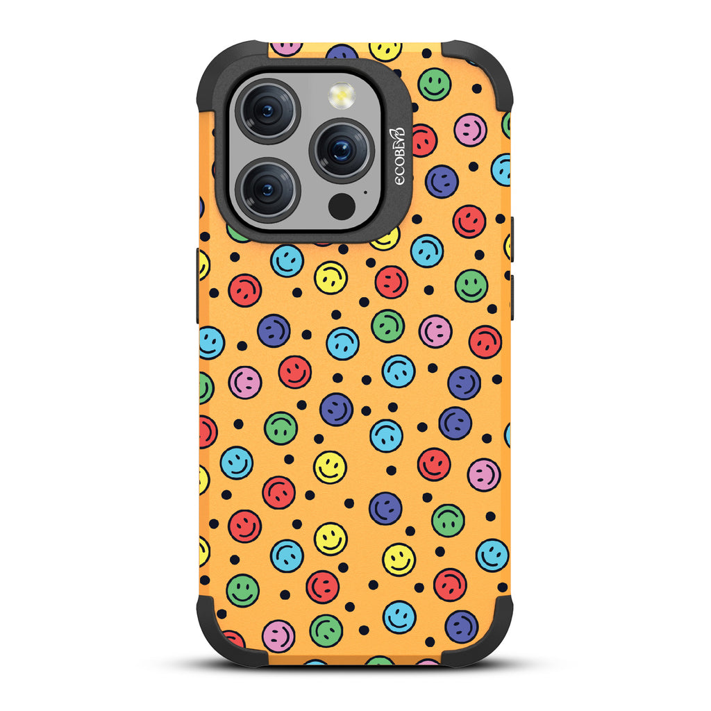 All Smiles - Multi Colored Smiley Faces & Black Dots - Yellow Eco-Friendly Rugged iPhone 15 Pro MagSafe Case 