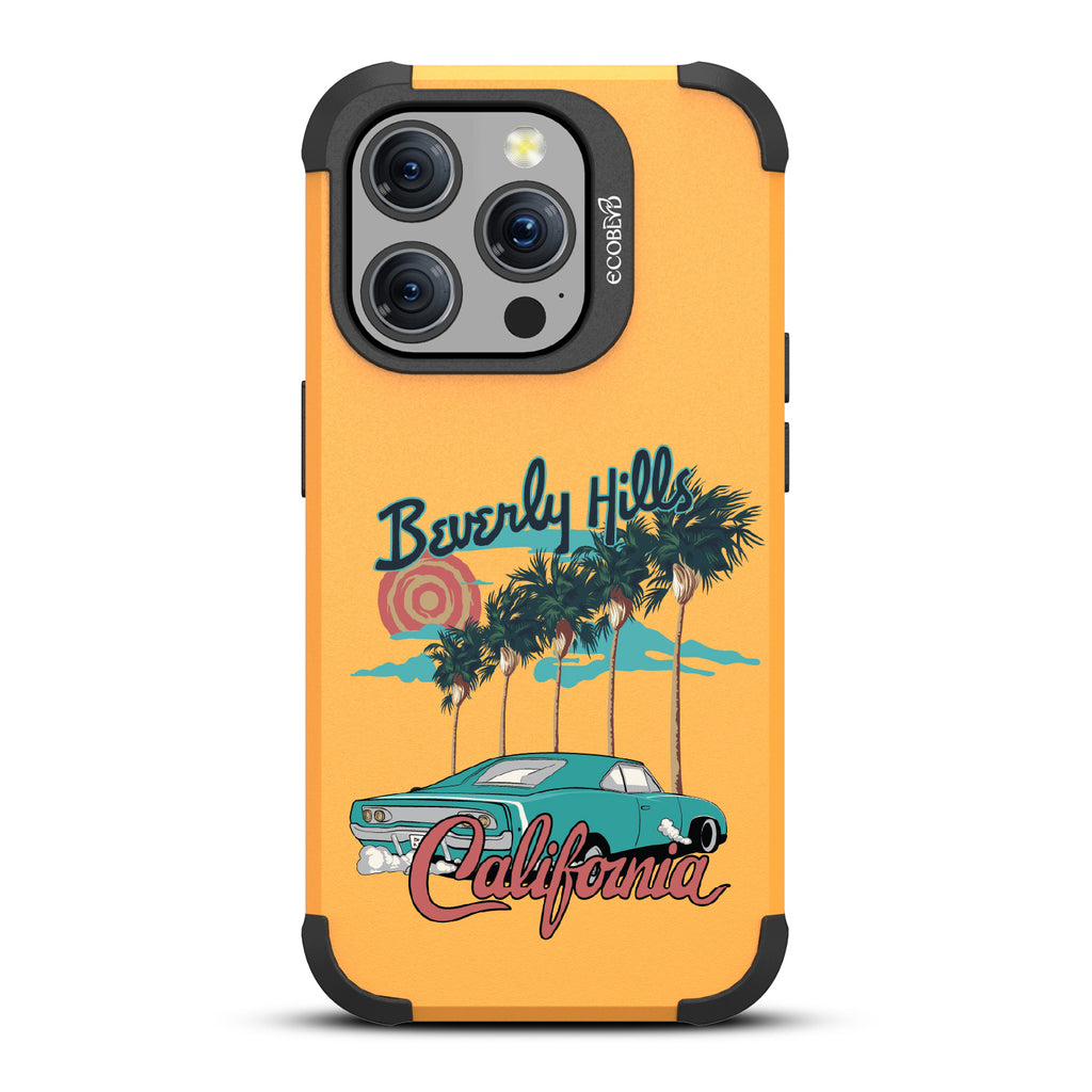 iPhone 15 Pro case, rugged compostable phone case in yellow, back view, 90210 design