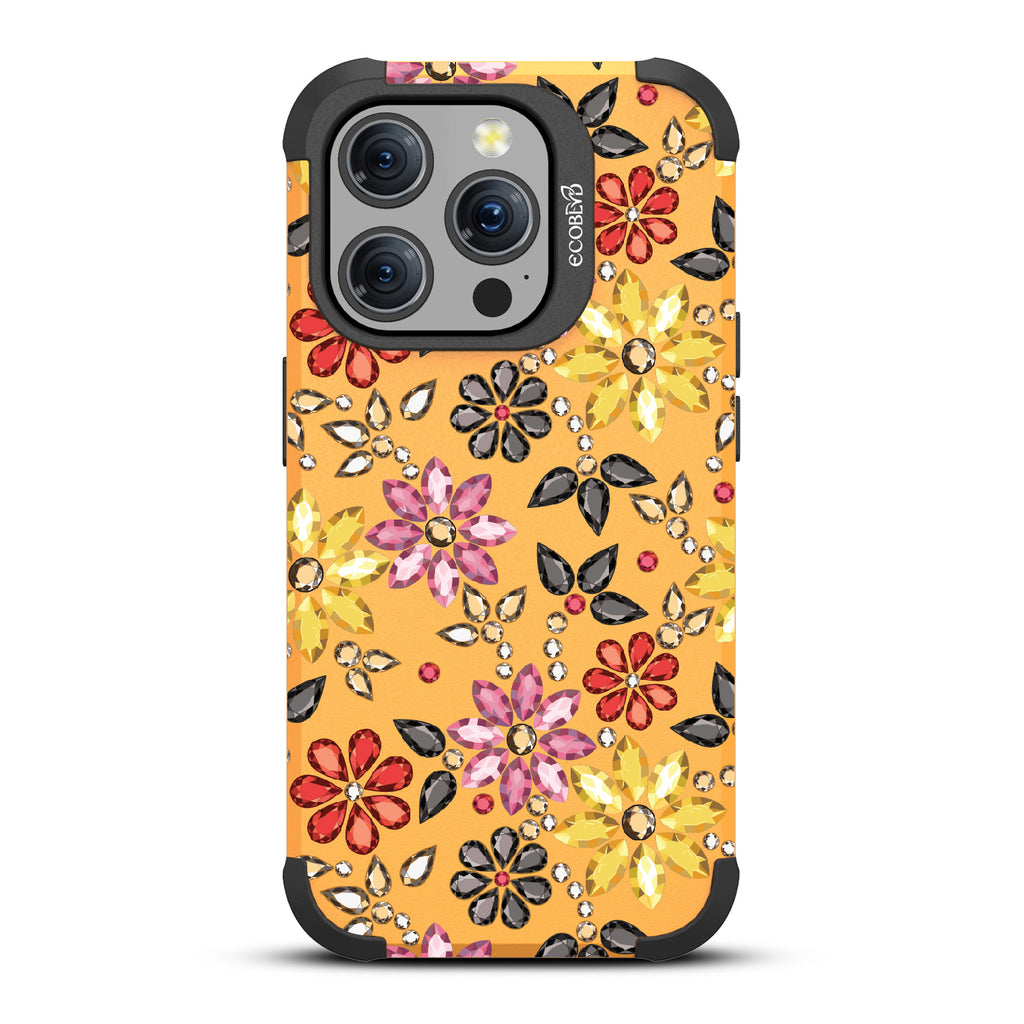 Bejeweled - Rhinestone Jewels In Floral Patterns - Yellow Eco-Friendly Rugged iPhone 15 Pro MagSafe Case 