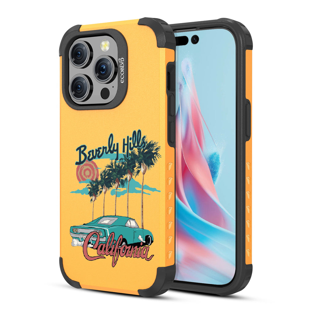 Front and back view of iPhone 15 Pro case, rugged compostable phone case in yellow, 90210 design