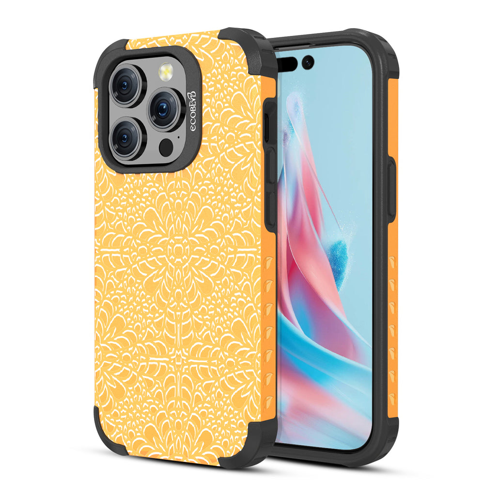 A Lil' Dainty  - Back View Of Eco-Friendly Yellow iPhone 15 Pro Rugged MagSafe Case & Front View Of Screen