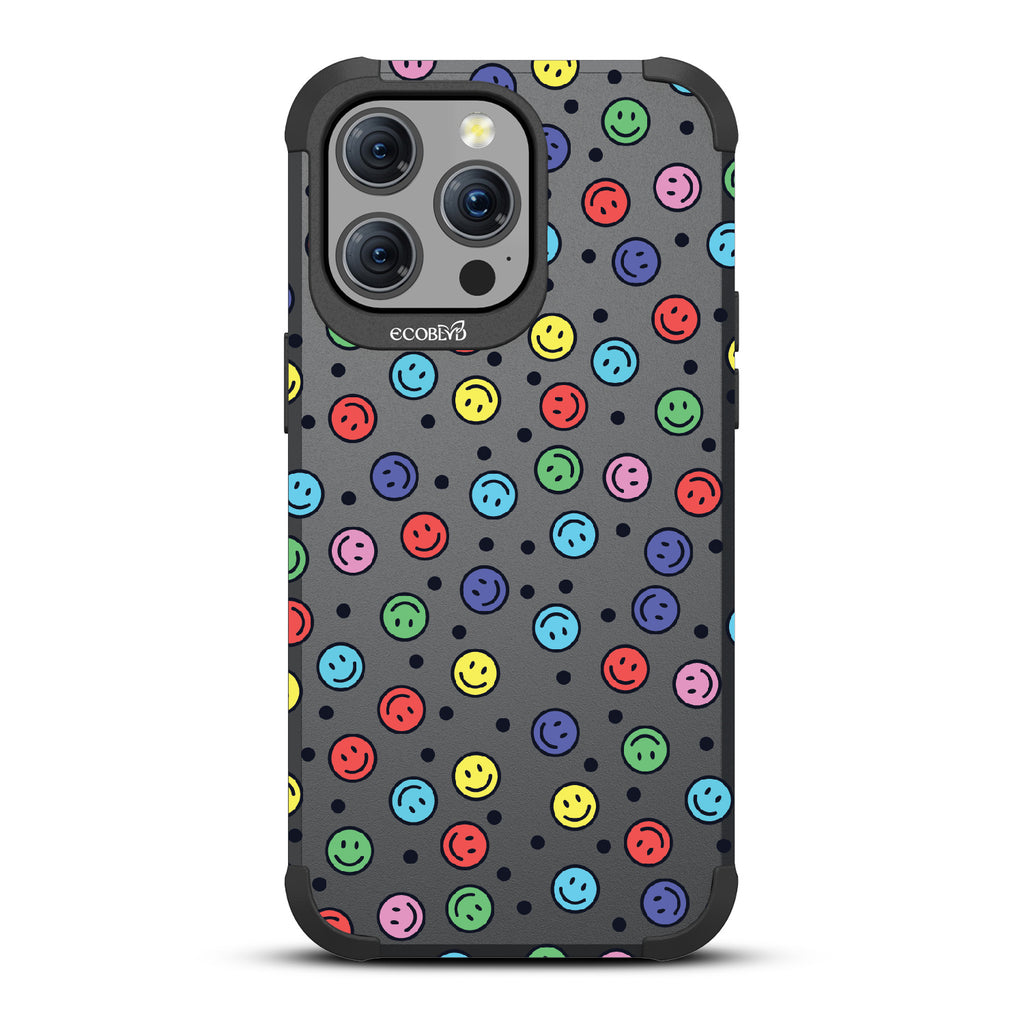 All Smiles - Multi Colored Smiley Faces & Black Dots - Black Eco-Friendly Rugged iPhone 15 Pro Max MagSafe Case 