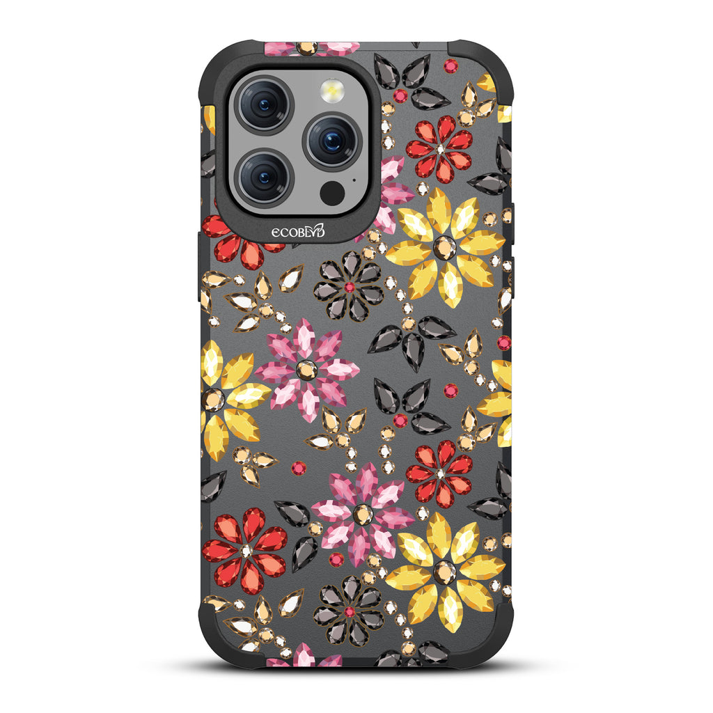 Bejeweled - Rhinestone Jewels In Floral Patterns - Black Eco-Friendly Rugged iPhone 15 Pro Max MagSafe Case 