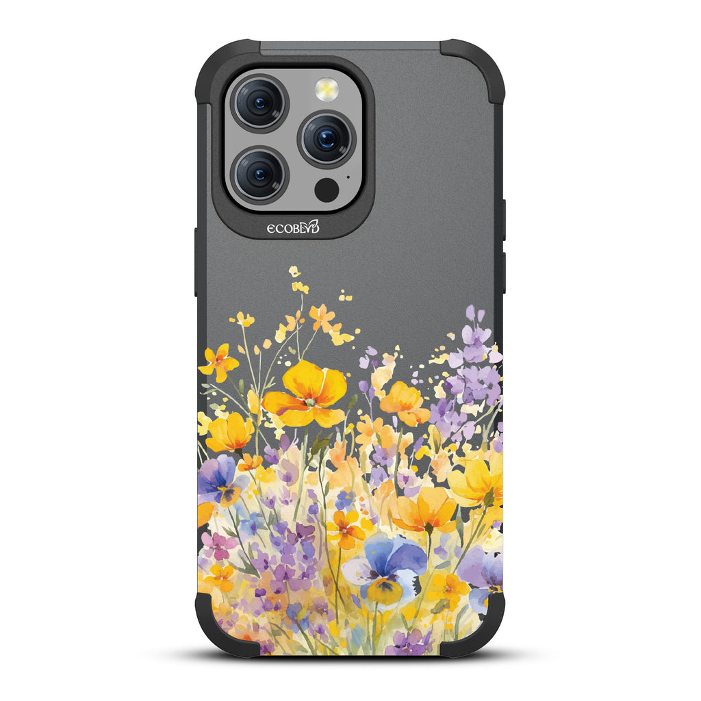 iPhone 15 Pro Max case, rugged compostable phone case in black, back view, Meadowlight design