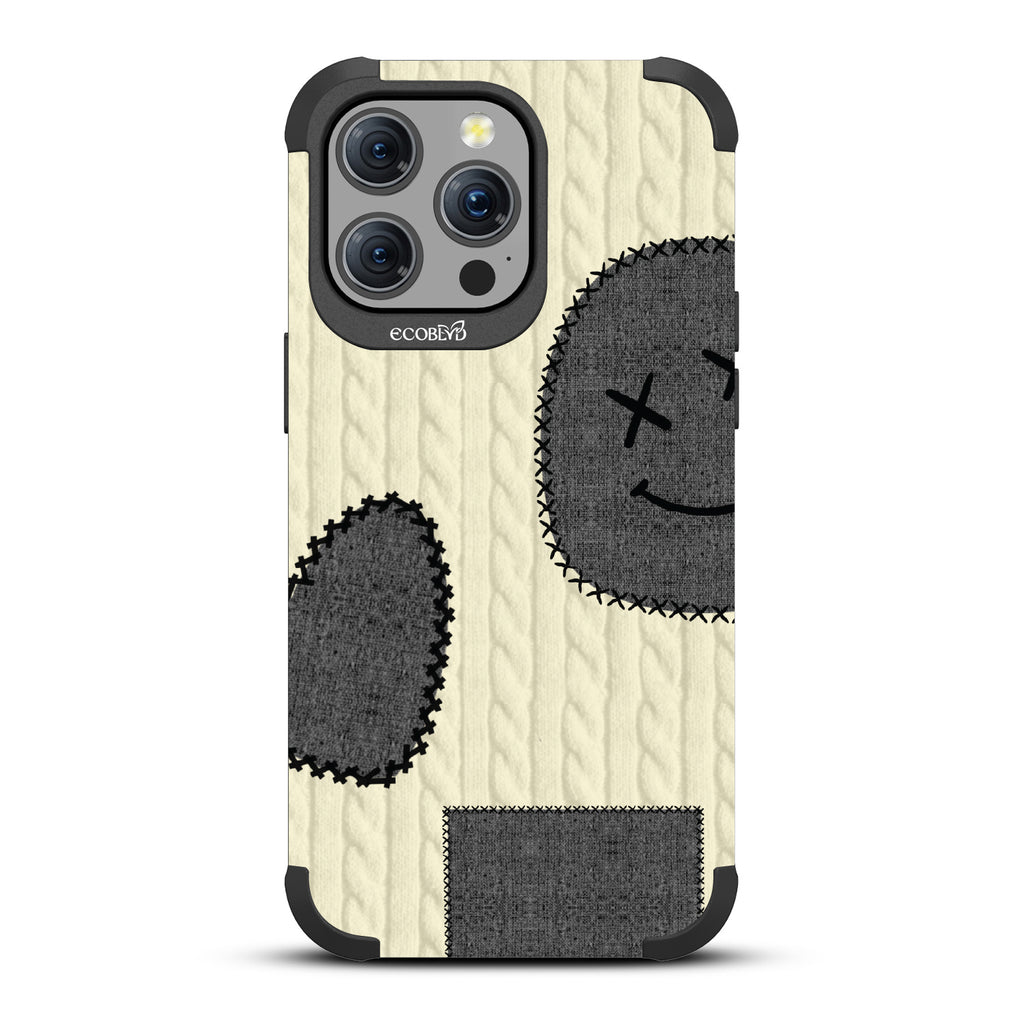 All Patched Up - Cable Knit With Patches of Heart + Happy Face - Black Eco-Friendly Rugged iPhone 15 Pro Max MagSafe Case 