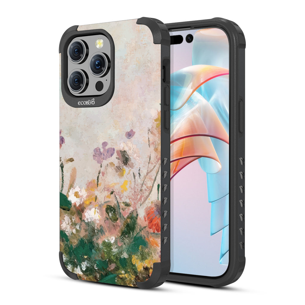 iPhone 15 Pro Max case, rugged compostable phone case in black, back view, Wild Grace design