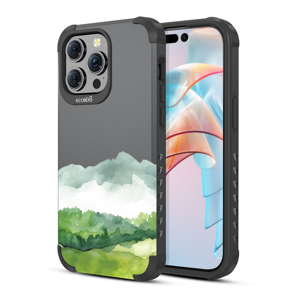 Front and back view of iPhone 15 Pro Max case, rugged compostable phone case in black, Open Horizon design