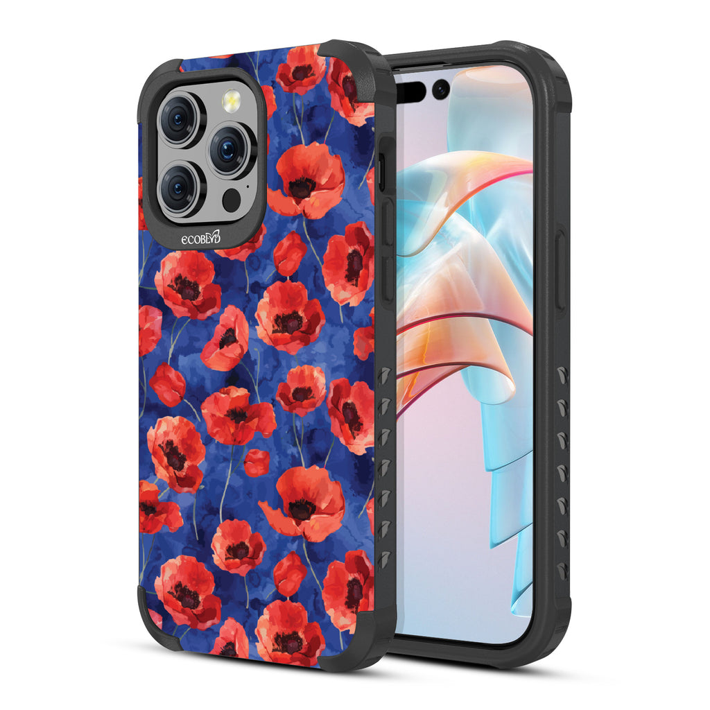 iPhone 15 Pro Max case, rugged compostable phone case in black, back view, Dream Bouquet design