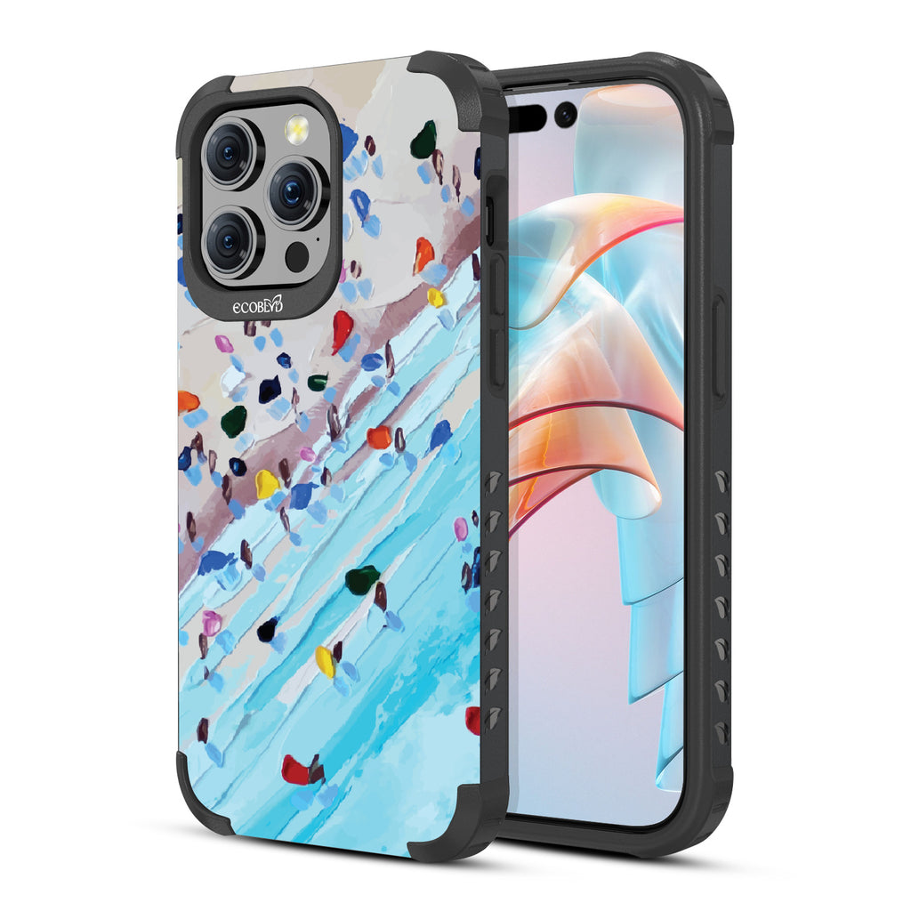 Front and back view of iPhone 15 Pro Max case, rugged compostable phone case in black, waves of Color design