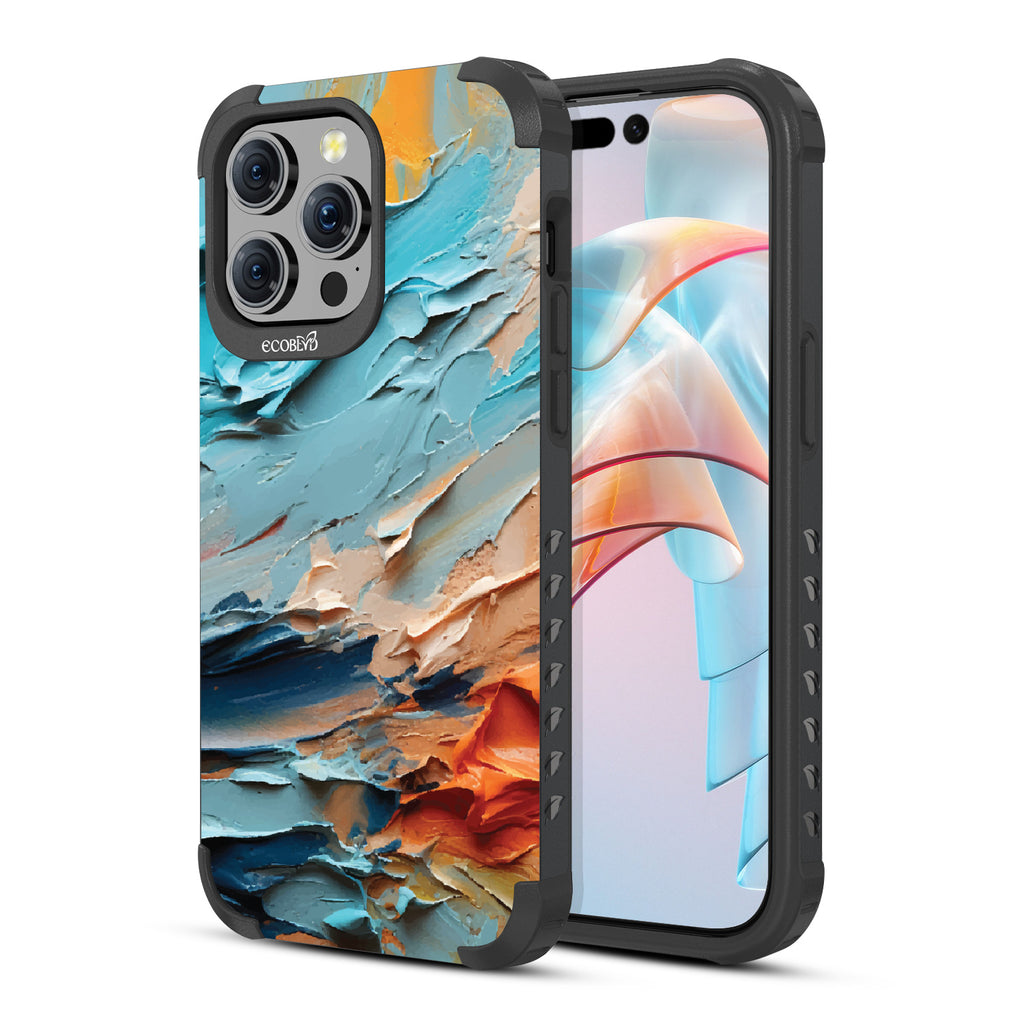 iPhone 15 Pro Max case, rugged compostable phone case in black, back view, Frame of Mind design