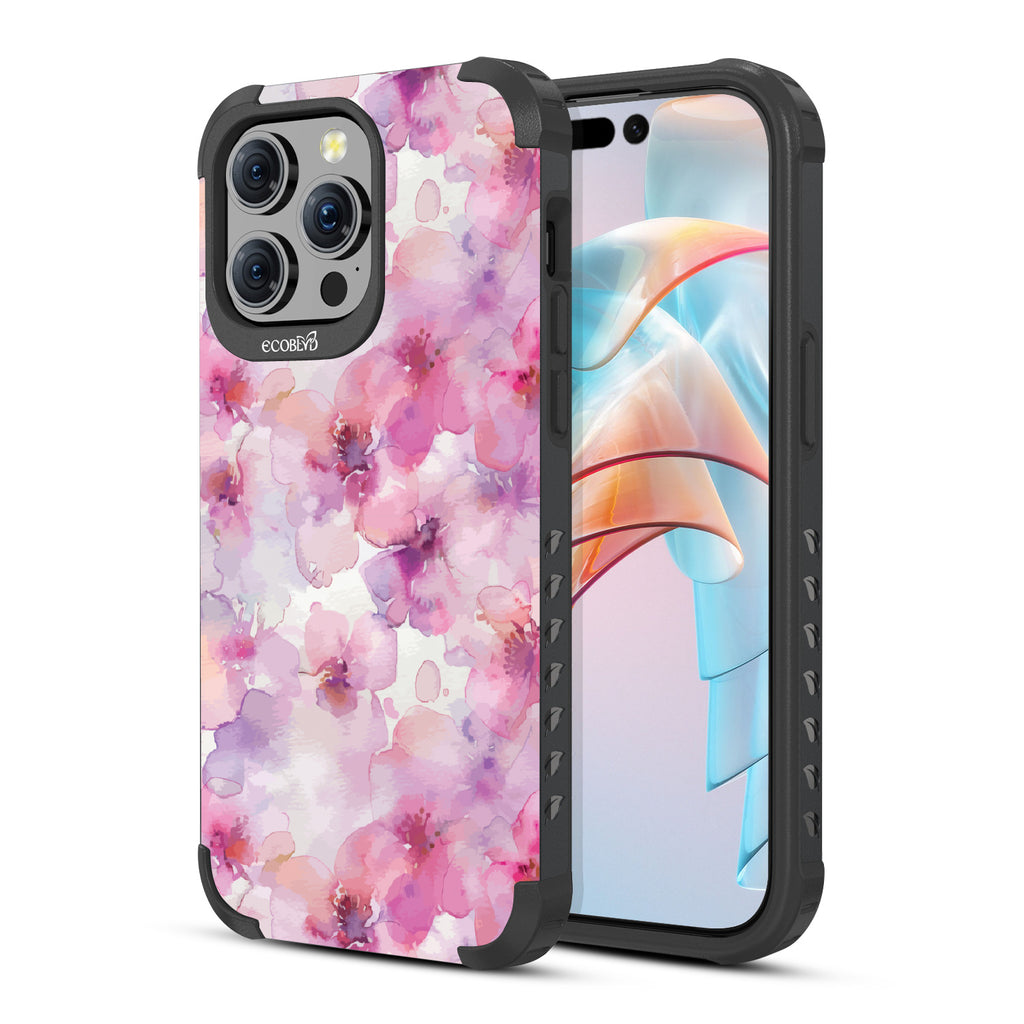 Front and back view of iPhone 15 Pro Max case, rugged compostable phone case in black, Rose Water design