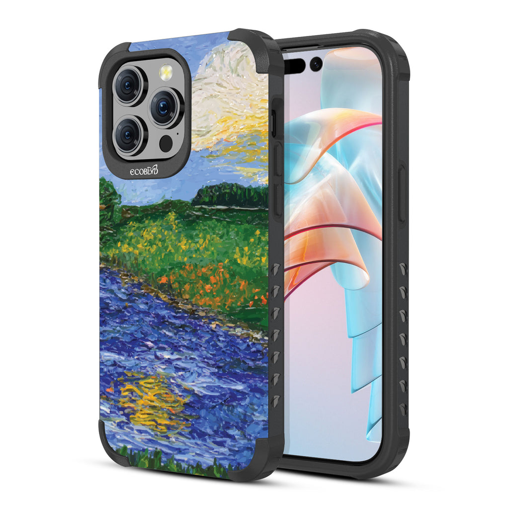 iPhone 15 Pro Max case, rugged compostable phone case in black, back view, Field of Vision design