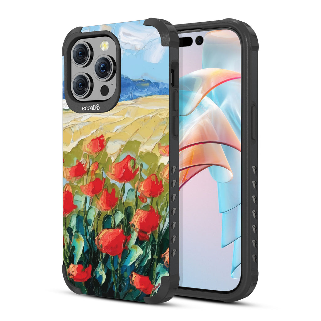 iPhone 15 Pro Max case, rugged compostable phone case in black, back view, Sleepy Bloom design