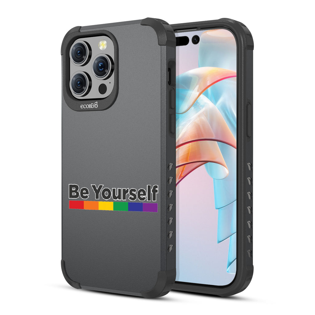  Be Yourself - Back View Of Black Eco-Friendly iPhone 15 Pro Max Rugged MagSafe Case & Front View Of Screen