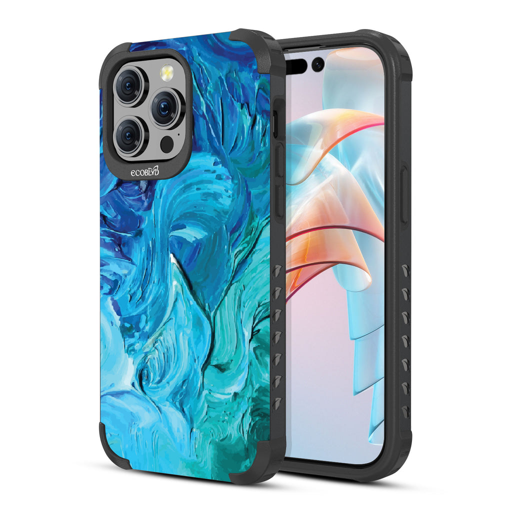 iPhone 15 Pro Max case, rugged compostable phone case in black, back view, Oceanswept design