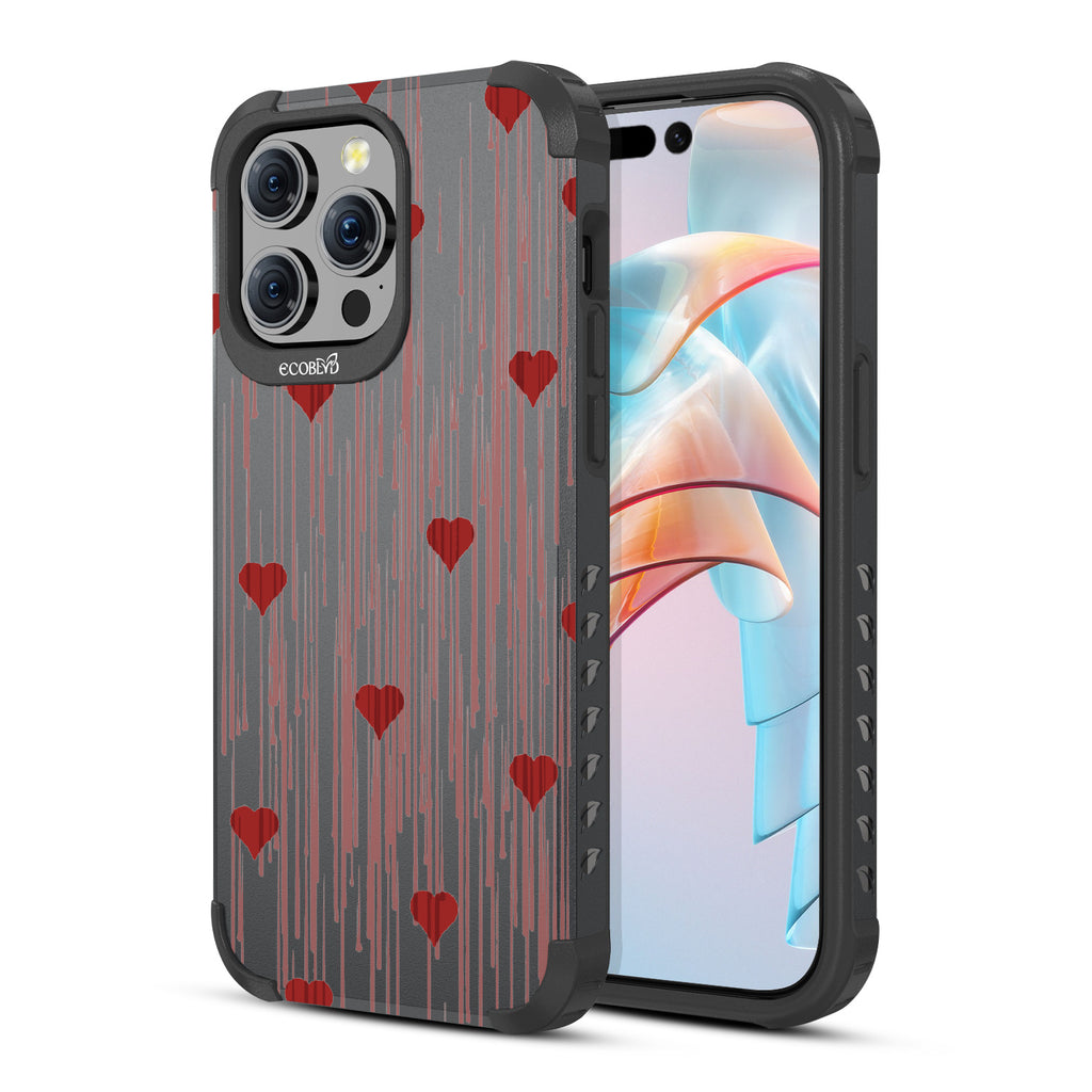 Bleeding Hearts - Back View Of Black Eco-Friendly iPhone 15 Pro Max Rugged MagSafe Case & Front View Of Screen