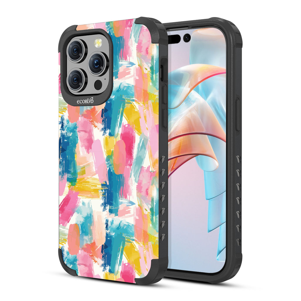 iPhone 15 Pro Max case, rugged compostable phone case in black, back view, Blurred Beauty design