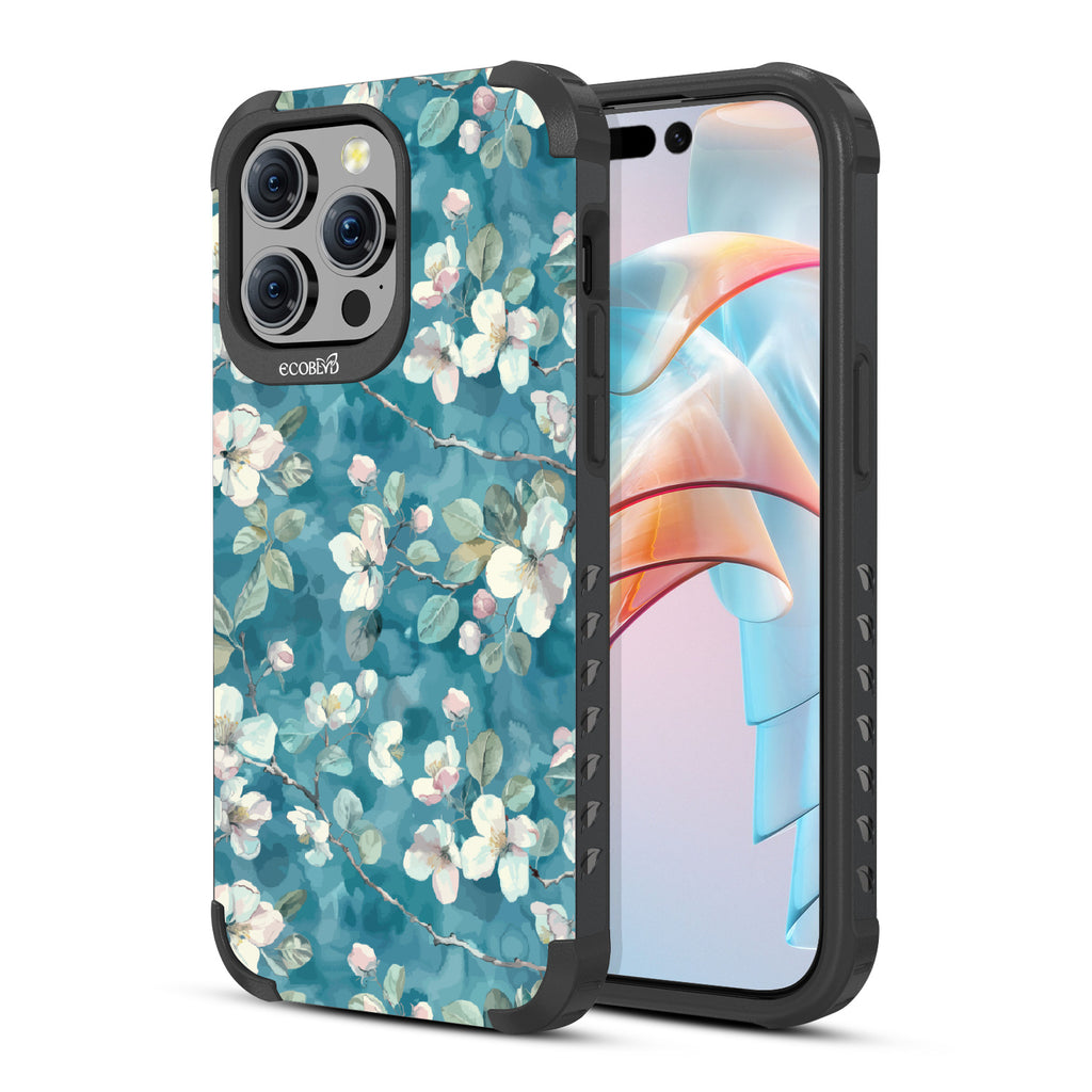 Front and back view of iPhone 15 Pro Max case, rugged compostable phone case in black, Sway & Sprout design