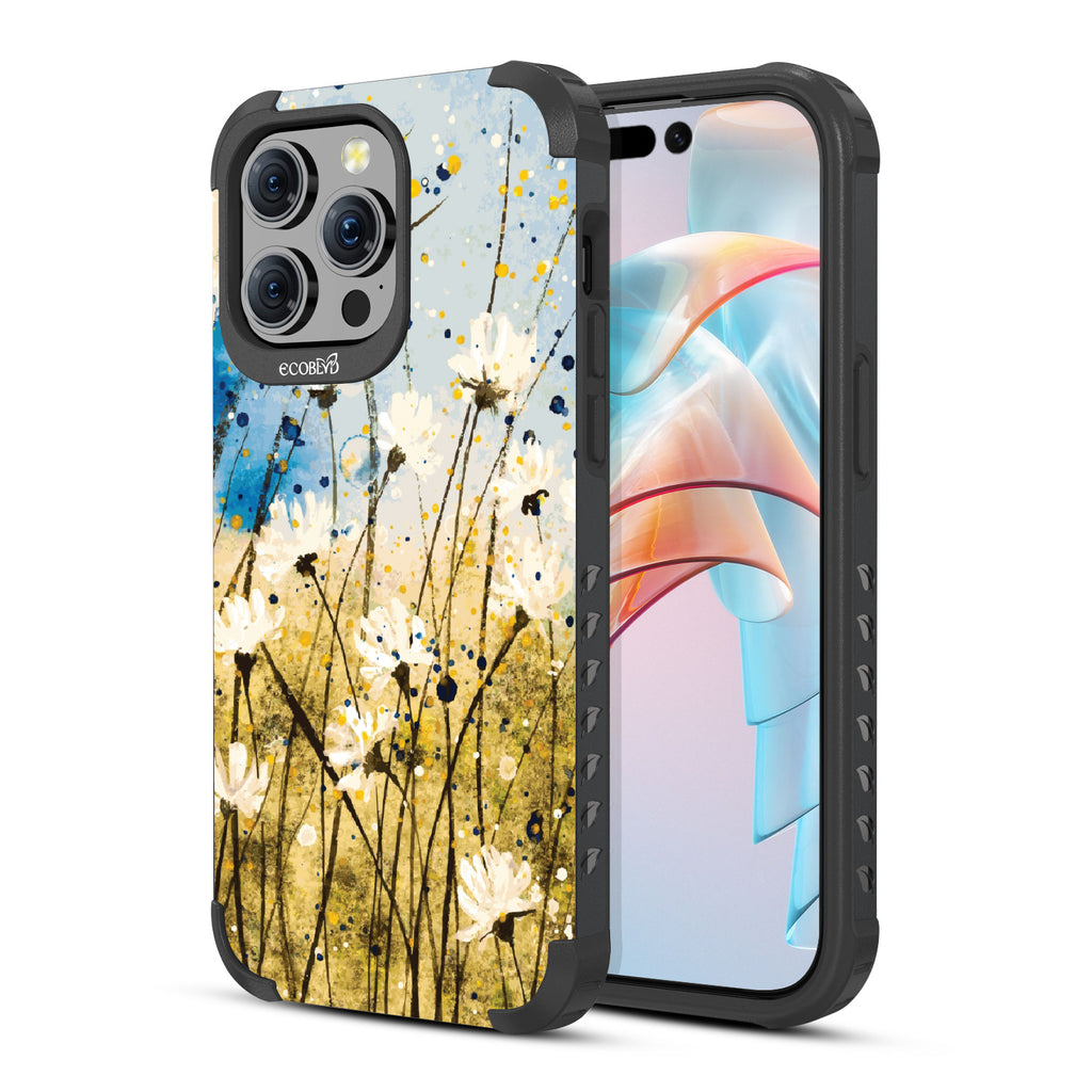 iPhone 15 Pro Max case, rugged compostable phone case in black, back view, Dandelion Dance design