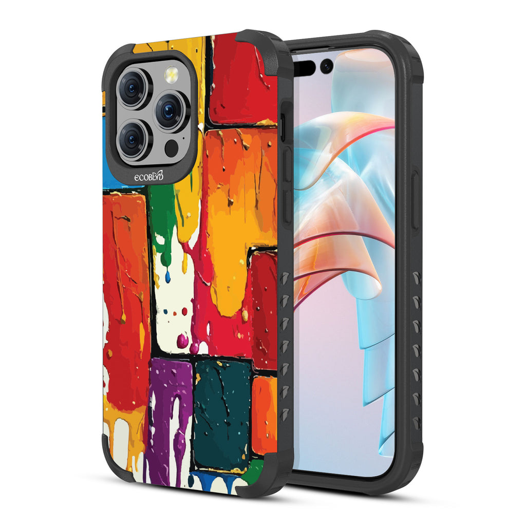 iPhone 15 Pro Max case, rugged compostable phone case in black, back view, Color Me Mine design