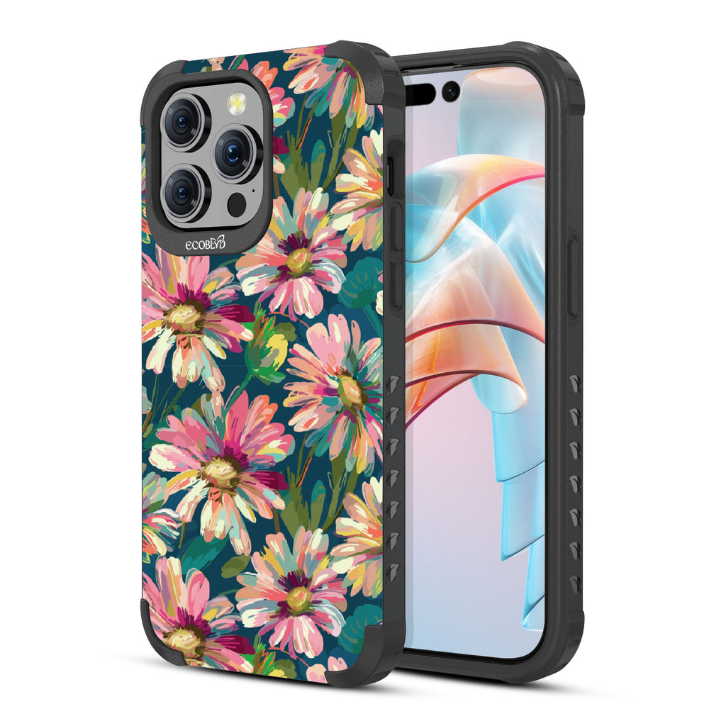 iPhone 15 Pro Max case, rugged compostable phone case in lilac, back view, Daisy Dusk design